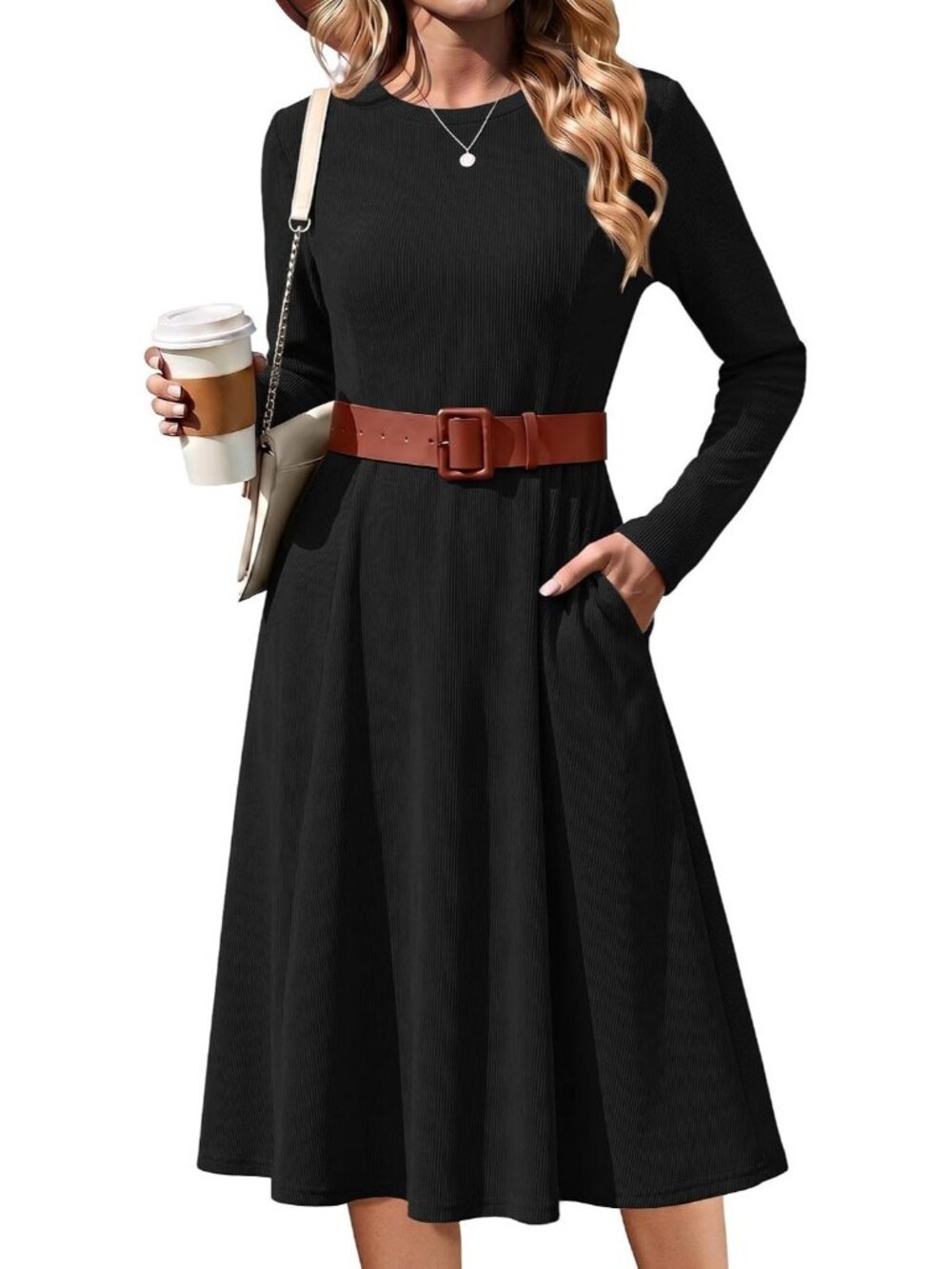 Women's Black Sweater Crew Neck Long Sleeve Ribbed Knit A Line Flowy Midi Dress